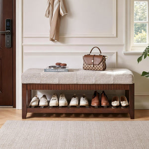 English Elm Solid Rubberwood Entryway Bench with Gray Padded Seat and Open Shoe Storage Rack W5368P537157