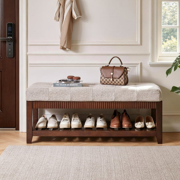 English Elm Solid Rubberwood Entryway Bench with Gray Padded Seat and Open Shoe Storage Rack W5368P537157