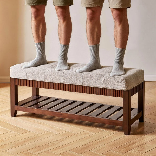 English Elm Solid Rubberwood Entryway Bench with Gray Padded Seat and Open Shoe Storage Rack W5368P537157