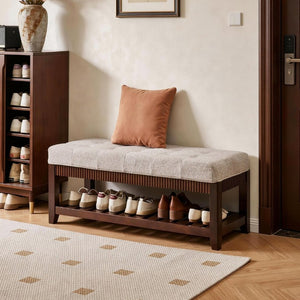 English Elm Solid Rubberwood Entryway Bench with Gray Padded Seat and Open Shoe Storage Rack W5368P537157