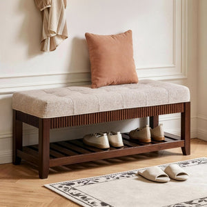 English Elm Solid Rubberwood Entryway Bench with Gray Padded Seat and Open Shoe Storage Rack W5368P537157
