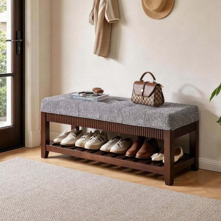 English Elm Solid Rubberwood Entryway Bench with Gray Upholstered Seat and Open Shoe Storage Rack W5368P537158
