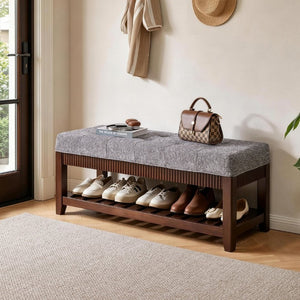English Elm Solid Rubberwood Entryway Bench with Gray Upholstered Seat and Open Shoe Storage Rack W5368P537158