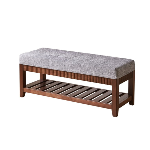 English Elm Solid Rubberwood Entryway Bench with Gray Upholstered Seat and Open Shoe Storage Rack W5368P537158