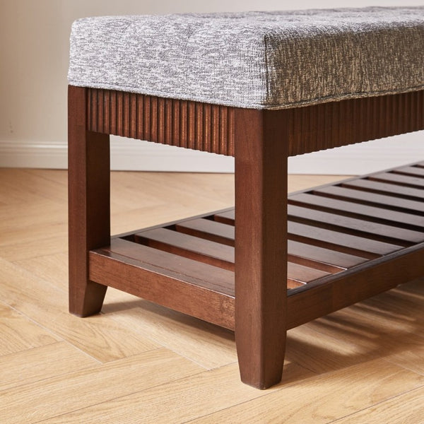 English Elm Solid Rubberwood Entryway Bench with Gray Upholstered Seat and Open Shoe Storage Rack W5368P537158