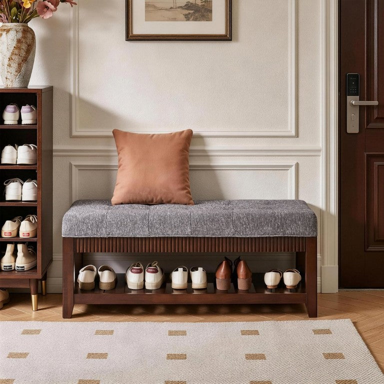 English Elm Solid Rubberwood Entryway Bench with Gray Upholstered Seat and Open Shoe Storage Rack W5368P537158