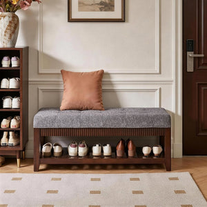 English Elm Solid Rubberwood Entryway Bench with Gray Upholstered Seat and Open Shoe Storage Rack W5368P537158