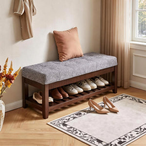 English Elm Solid Rubberwood Entryway Bench with Gray Upholstered Seat and Open Shoe Storage Rack W5368P537158