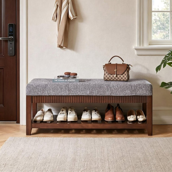English Elm Solid Rubberwood Entryway Bench with Gray Upholstered Seat and Open Shoe Storage Rack W5368P537158