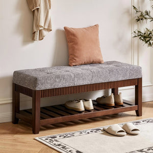 English Elm Solid Rubberwood Entryway Bench with Gray Upholstered Seat and Open Shoe Storage Rack W5368P537158