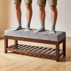 English Elm Solid Rubberwood Entryway Bench with Gray Upholstered Seat and Open Shoe Storage Rack W5368P537158