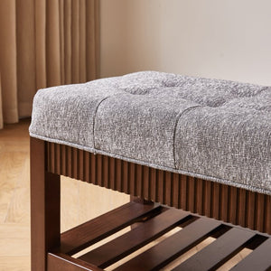 English Elm Solid Rubberwood Entryway Bench with Gray Upholstered Seat and Open Shoe Storage Rack W5368P537158