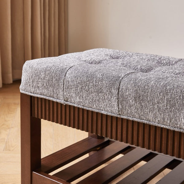 English Elm Solid Rubberwood Entryway Bench with Gray Upholstered Seat and Open Shoe Storage Rack W5368P537158