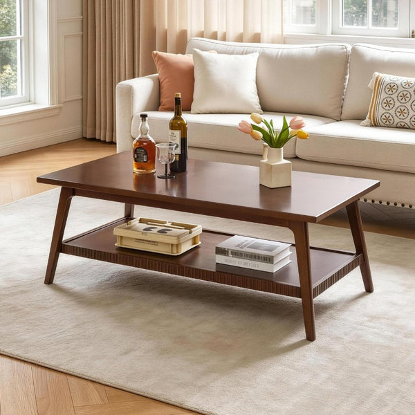 English Elm Solid Rubberwood Rectangular Coffee Table with Open Shelf Mid-Century Angled Legs Living Room W5368P538338