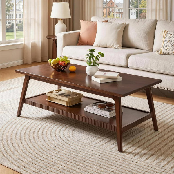English Elm Solid Rubberwood Rectangular Coffee Table with Open Shelf Mid-Century Angled Legs Living Room W5368P538338