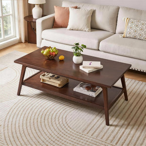 English Elm Solid Rubberwood Rectangular Coffee Table with Open Shelf Mid-Century Angled Legs Living Room W5368P538338