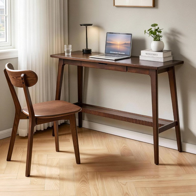 English Elm Multipurpose Solid Hardwood Writing Desk with Keyboard Tray Drawer and Storage Shelf W5368P538347