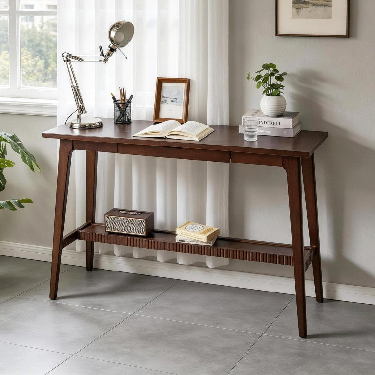 English Elm Multipurpose Solid Hardwood Writing Desk with Keyboard Tray Drawer and Storage Shelf W5368P538347