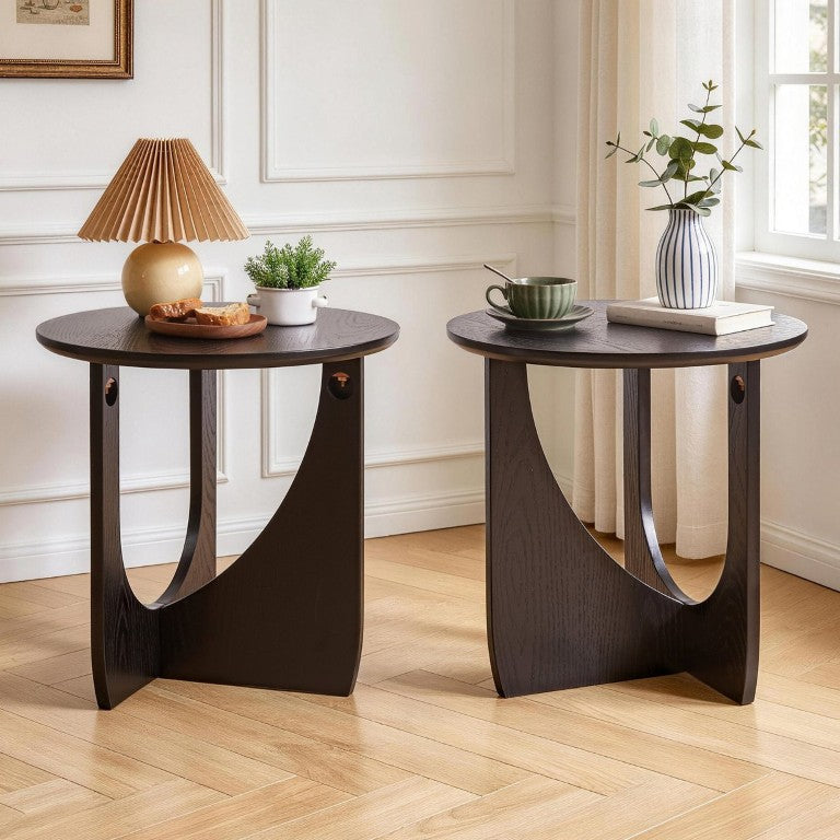 English Elm Round Solid Wood Side Tables Set of 2 with Embossed Grain T-Base Modern Minimalist W5368P551811