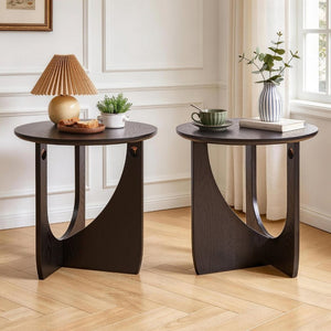 English Elm Round Solid Wood Side Tables Set of 2 with Embossed Grain T-Base Modern Minimalist W5368P551811
