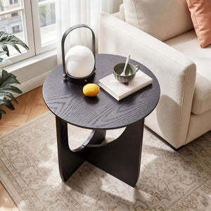 English Elm Round Solid Wood Side Tables Set of 2 with Embossed Grain T-Base Modern Minimalist W5368P551811