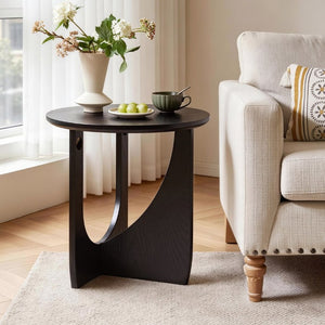 English Elm Round Solid Wood Side Tables Set of 2 with Embossed Grain T-Base Modern Minimalist W5368P551811