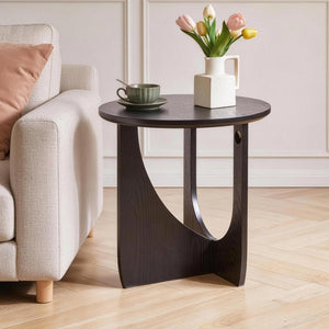 English Elm Round Solid Wood Side Tables Set of 2 with Embossed Grain T-Base Modern Minimalist W5368P551811