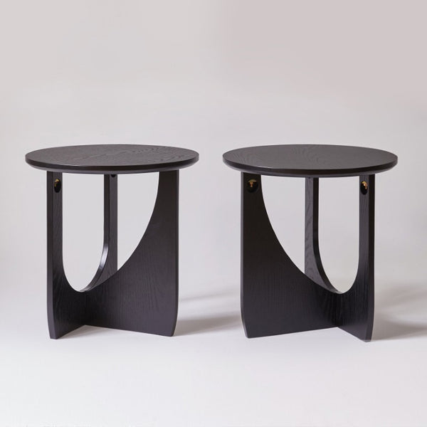 English Elm Round Solid Wood Side Tables Set of 2 with Embossed Grain T-Base Modern Minimalist W5368P551811