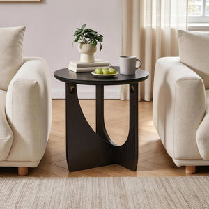 English Elm Round Solid Wood Side Tables Set of 2 with Embossed Grain T-Base Modern Minimalist W5368P551811