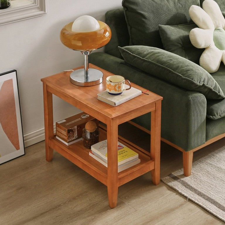 English Elm 100% Solid Rubberwood 2-Tier Side Table with Grid Shelf for Living Room or Office W5368P551872