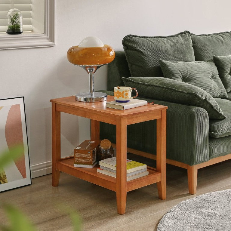English Elm 100% Solid Rubberwood 2-Tier Side Table with Grid Shelf for Living Room or Office W5368P551872