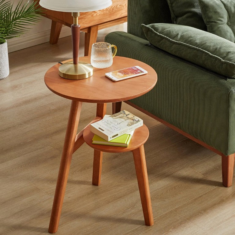 English Elm 100% Solid Rubberwood Round End Table Two Tier Walnut Finish Mid Century Modern Style W5368P551875