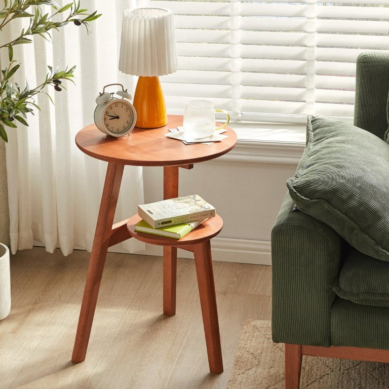English Elm 100% Solid Rubberwood Round End Table Two Tier Walnut Finish Mid Century Modern Style W5368P551875
