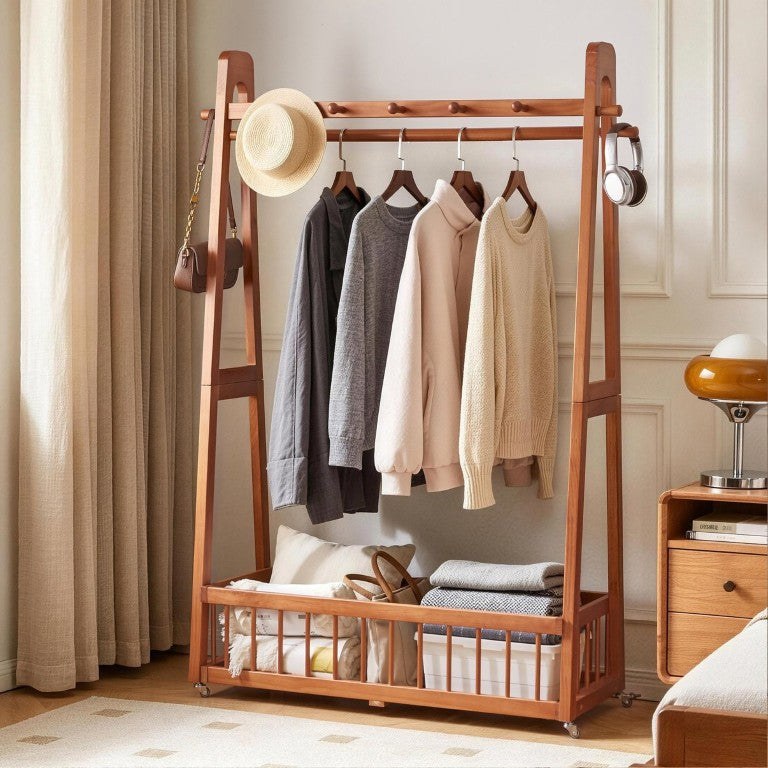English Elm Solid Wood Garment Rack with Dual Hanging Rods Hooks and Wheeled Base Basket Cherry W5368P553324