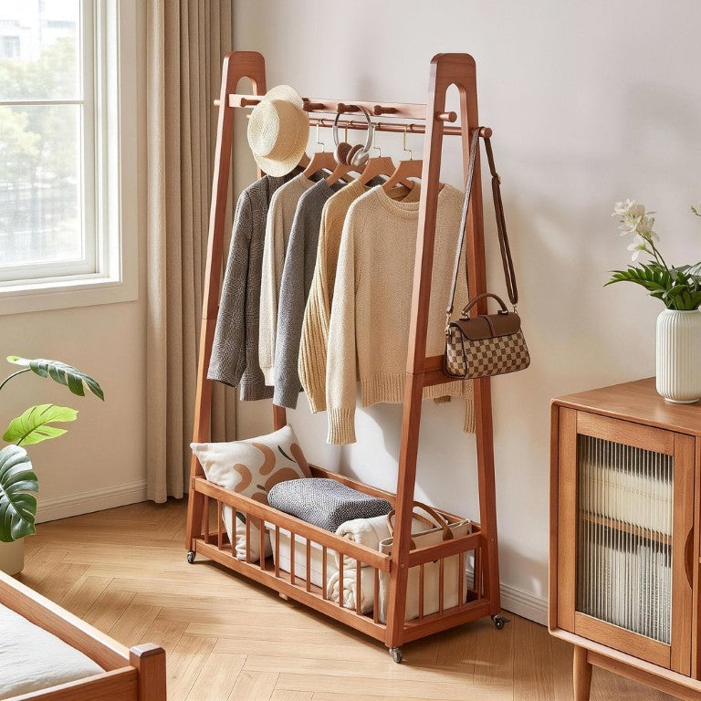 English Elm Solid Wood Garment Rack with Dual Hanging Rods Hooks and Wheeled Base Basket Cherry W5368P553324