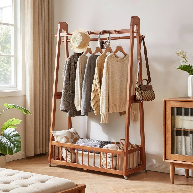 English Elm Solid Wood Garment Rack with Dual Hanging Rods Hooks Basket and Lockable Casters Cherry W5368P553350