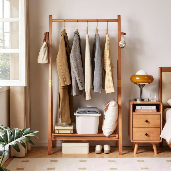 English Elm Heavy‑duty Solid Pine A-Frame Clothes Rack with Bottom Shelf and Side Hooks for Bedroom Cherry W5368P553507