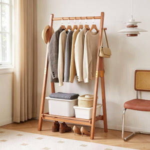 English Elm Heavy‑duty Solid Pine A-Frame Clothes Rack with Bottom Shelf and Side Hooks for Bedroom Cherry W5368P553507