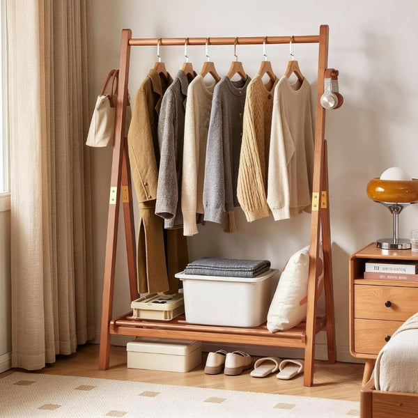 English Elm Heavy‑duty Solid Pine A-Frame Clothes Rack with Bottom Shelf and Side Hooks for Bedroom Cherry W5368P553507