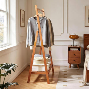 English Elm Heavy‑duty Solid Pine A-Frame Clothes Rack with Bottom Shelf and Side Hooks for Bedroom Cherry W5368P553507