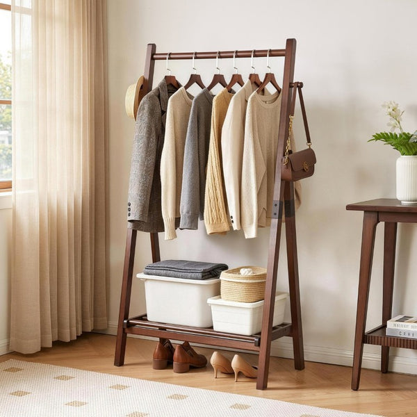 English Elm Heavy‑duty Solid Pine A-Frame Clothes Rack with Bottom Shelf and Side Hooks for Bedroom Walnut W5368P553508