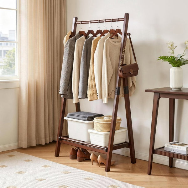 English Elm Heavy‑duty Solid Pine A-Frame Clothes Rack with Bottom Shelf and Side Hooks for Bedroom Walnut W5368P553508