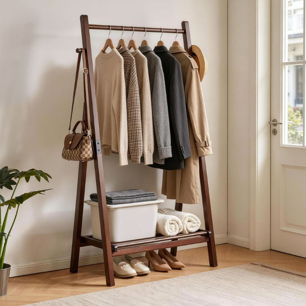 English Elm Heavy‑duty Solid Pine A-Frame Clothes Rack with Bottom Shelf and Side Hooks for Bedroom Walnut W5368P553508