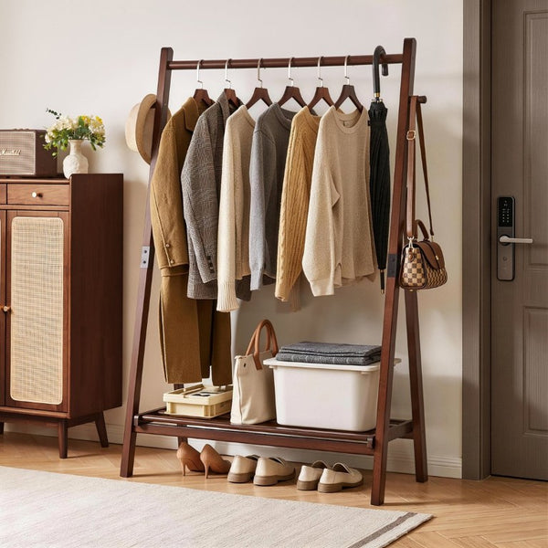 English Elm Heavy‑duty Solid Pine A-Frame Clothes Rack with Bottom Shelf and Side Hooks for Bedroom Walnut W5368P553508