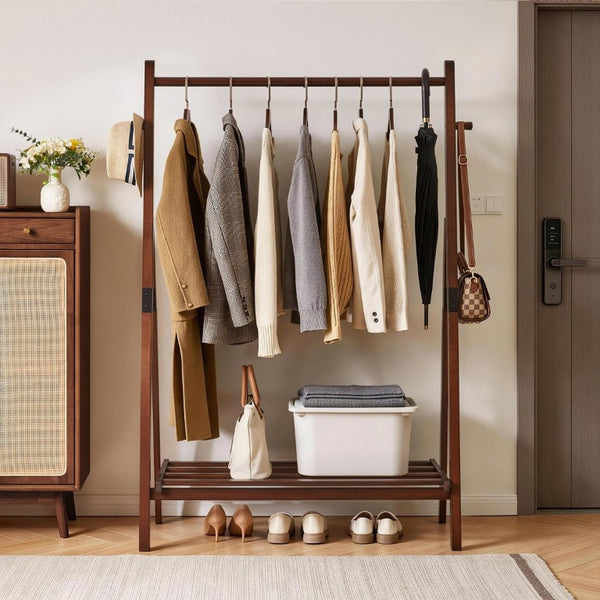 English Elm Heavy‑duty Solid Pine A-Frame Clothes Rack with Bottom Shelf and Side Hooks for Bedroom Walnut W5368P553508