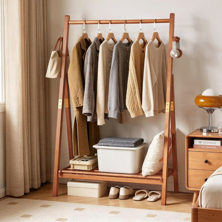 English Elm Heavy‑duty Solid Pine A-Frame Garment Rack with Hanging Rod Bottom Shelf and Side Hooks Cherry W5368P553509