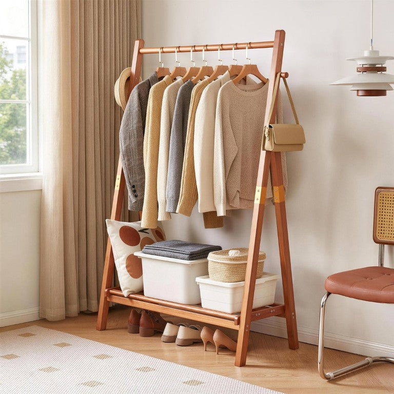 English Elm Heavy‑duty Solid Pine A-Frame Garment Rack with Hanging Rod Bottom Shelf and Side Hooks Cherry W5368P553509