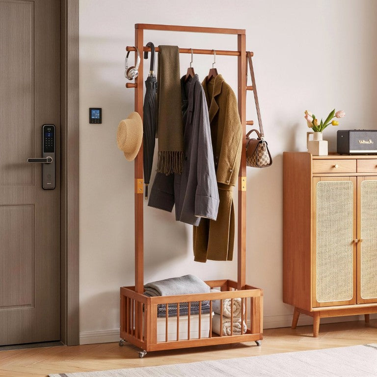 English Elm Solid Wood Freestanding Coat Rack with Rolling Wheels Hooks and Bottom Storage Basket Cherry W5368P553515