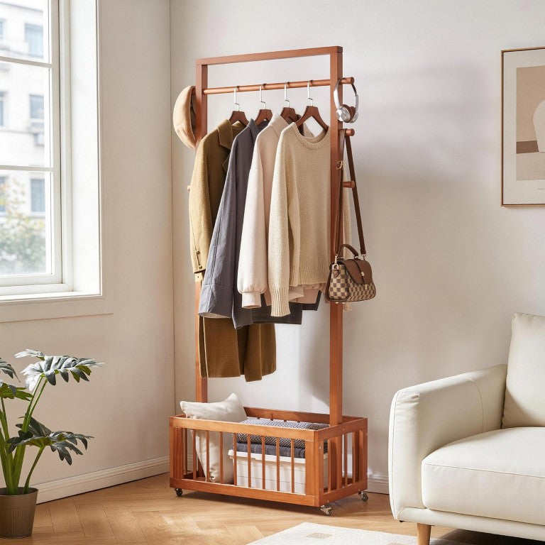 English Elm Solid Wood Rolling Coat Rack with Basket and Hooks for Entryway or Bedroom Cherry W5368P553520