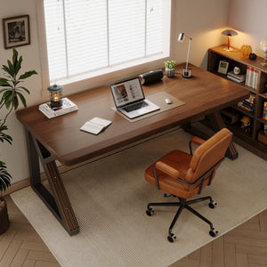 English Elm Solid Walnut Wood 63 Inch Dual Workstation Desk with Industrial Matte Black Frame W5368S00002